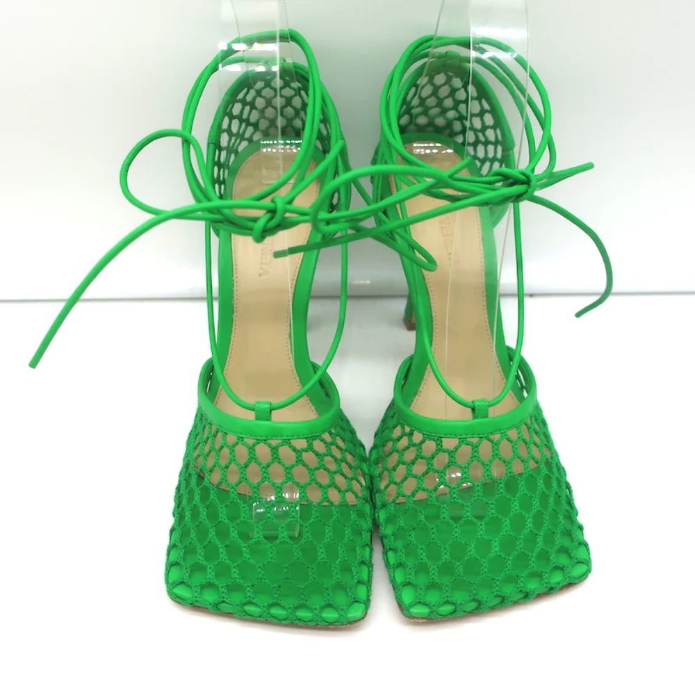 Bottega Veneta Stretch Ankle Tie Sandals Green Mesh & Leather Size 37 - Picture 3 of 10